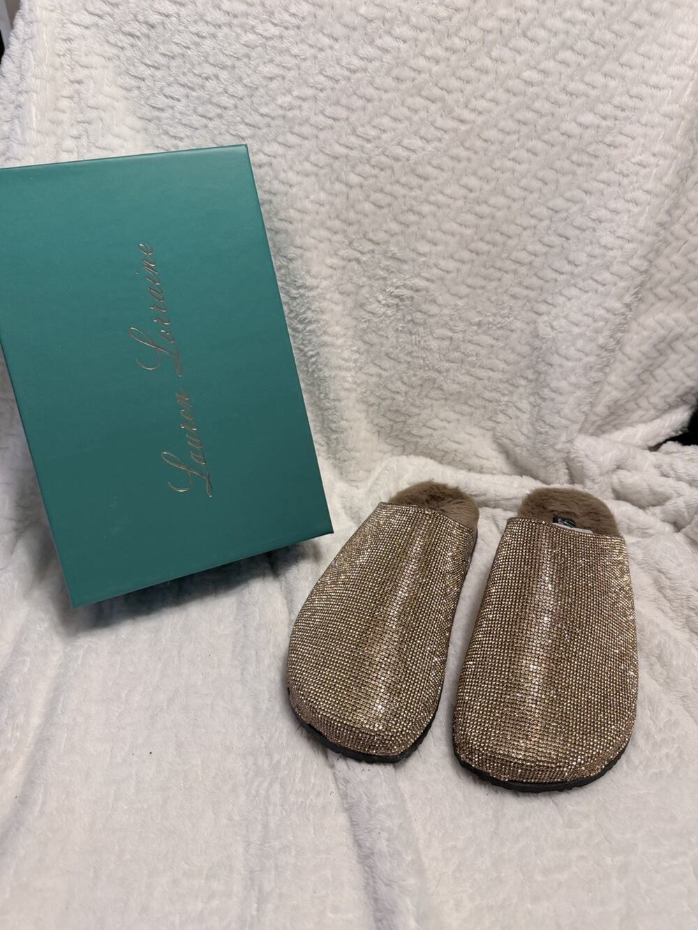 Lauren Lorraine Lizzy Rose Gold Rhinestone Fur Lined Slip On Mule Clogs Size 6
